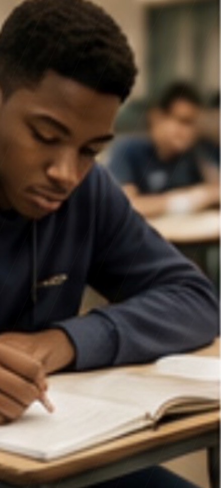 Groomed for Success — a young man studying at his desk in a classroom, focused on writing in his notebook.