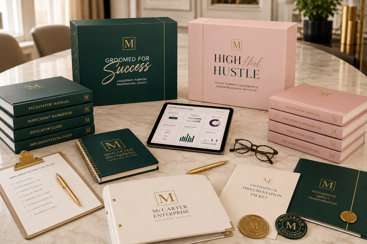 McCarter Enterprise flagship curriculum collection: Groomed for Success and High Heel Hustle boxed sets with facilitator manuals, participant workbooks, educator guides, and implementation packet on a marble table.