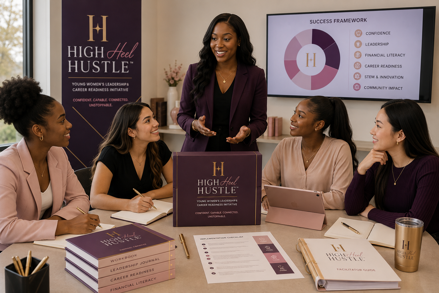 High Heel Hustle facilitator leading a boardroom cohort with curriculum materials and success framework.